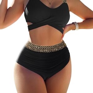 Black and Gold High-Waisted Bikini